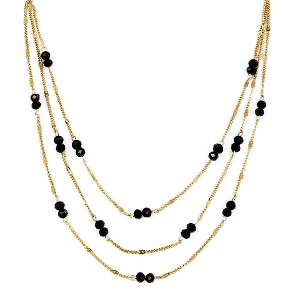 PANNEE Mod/Contemporary Gold Jet Black Beaded Stationed Layered Chain Necklace - Picture 1 of 2